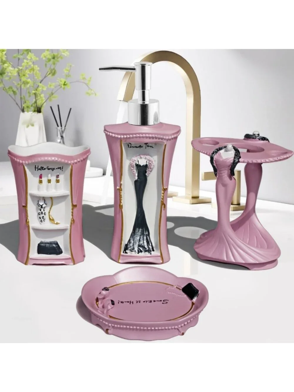 5-Piece Pink Bathroom Accessories Set - Soap Dispenser, Toothbrush Holder & More